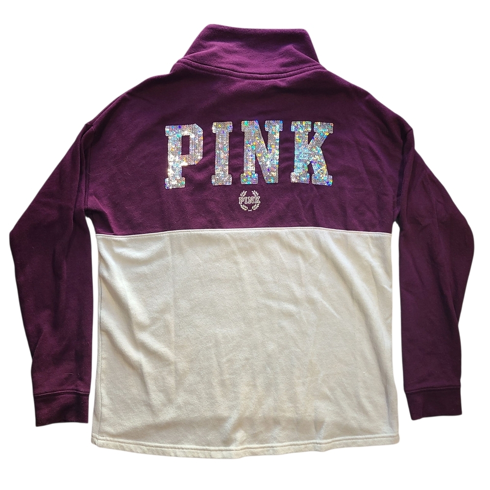 Victoria’s Secret PINK Sequin Logo Half Zip Pullover Sweatshirt Medium - Picture 3 of 8
